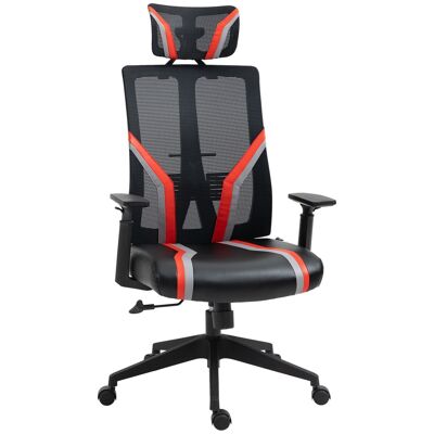 Drehbarer Gaming-Bürostuhl – Armlehnen, verstellbare Kopfstütze – Lordosenstütze – rot-schwarze Synthetik- und Polyesterpolsterung