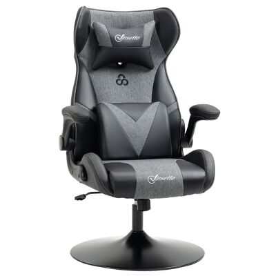 Gaming chair round metal base 360° swivel adjustable height headrest lumbar cushion adjustable armrests PU gray black fabric