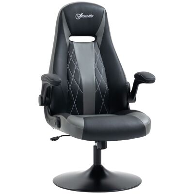 Gaming-Stuhl, runder Metallfuß, 360° drehbar, höhenverstellbar, Rückenlehnenfunktion, neigbare Armlehnen, PU, grau, schwarz