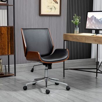 Chaise de bureau manager design vintage pivotante hauteur réglable bois peuplier acier chromé revêtement mixte synthétique tissu noir 2
