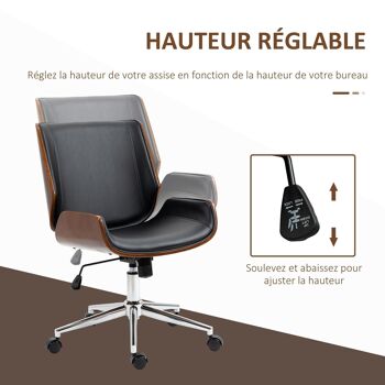 Chaise de bureau manager design vintage pivotante hauteur réglable bois peuplier acier chromé revêtement mixte synthétique tissu noir 4