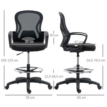 Fauteuil de bureau chaise de bureau assise haute réglable dim. 59L x 65l x 109-124H cm pivotant 360° maille respirante noir 3
