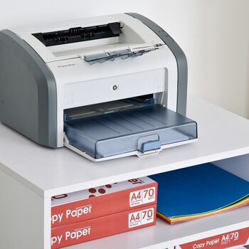 Support d'imprimante organiseur bureau caisson placard porte 3 niches + grand plateau panneaux particules blanc 4