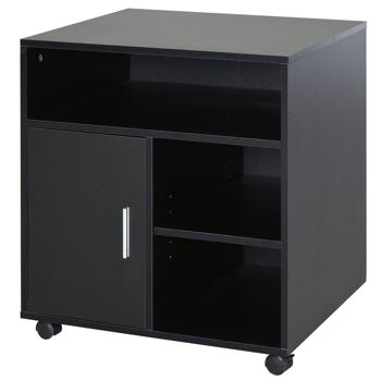 HOMCOM Support d'imprimante organiseur bureau caisson placard porte 3 niches + grand plateau panneaux particules noir 1