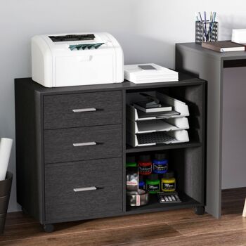 HOMCOM Support d'imprimante organiseur bureau caisson 3 tiroirs + 2 niches + grand plateau panneaux particules noir 4