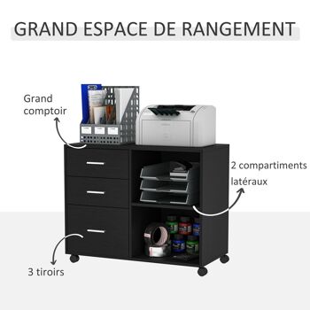 HOMCOM Support d'imprimante organiseur bureau caisson 3 tiroirs + 2 niches + grand plateau panneaux particules noir 5