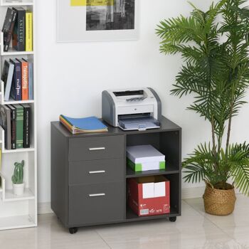 HOMCOM Support d'imprimante organiseur bureau caisson 3 tiroirs + 2 niches + grand plateau panneaux particules gris 2