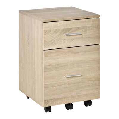 Office storage unit on casters 2 drawers particleboard panels wood look light oak