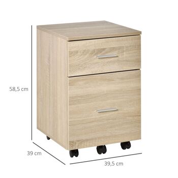 Caisson de bureau rangement bureau sur roulettes 2 tiroirs panneaux particules aspect bois chêne clair 3