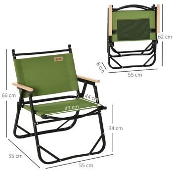 Lot de 2 chaises de plage camping pliantes - structure en aluminium avec sac de transport - dim. 55L x 55l x 66H cm vert 3