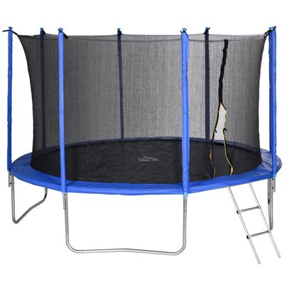 Trampolino per bambini Ø 3,66 × 2,64 H m rete di sicurezza porta con cerniera scaletta copri molle 8 pali imbottiti blu