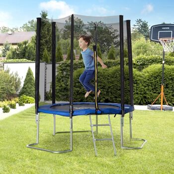 Trampoline enfant Ø 2,23 × 2,3H m filet de sécurité porte zipée échelle couvre-ressorts 6 poteaux rembourrés bleu 2