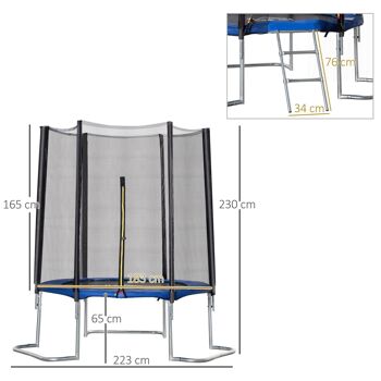 Trampoline enfant Ø 2,23 × 2,3H m filet de sécurité porte zipée échelle couvre-ressorts 6 poteaux rembourrés bleu 3