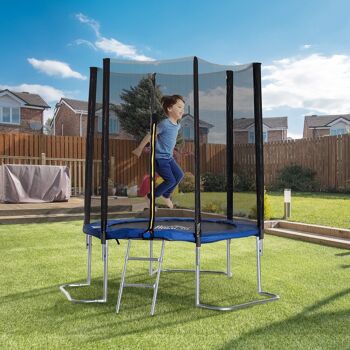 Trampoline enfant Ø 2,23 × 2,3H m filet de sécurité porte zipée échelle couvre-ressorts 6 poteaux rembourrés bleu 4