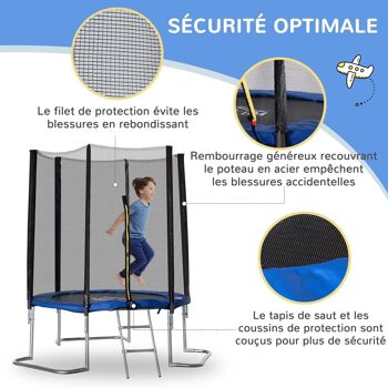 Trampoline enfant Ø 2,23 × 2,3H m filet de sécurité porte zipée échelle couvre-ressorts 6 poteaux rembourrés bleu 5