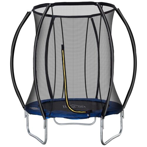 Trampoline enfant Ø 2,25 × 2,35H m filet de sécurité porte zipée couvre-ressorts 6 poteaux rembourrés incurvés bleu