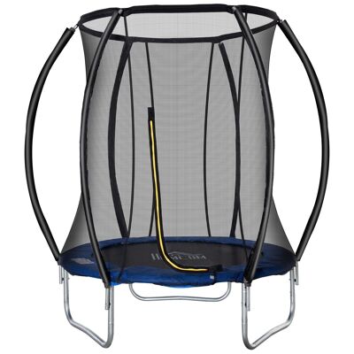 Children's trampoline Ø 2.25 × 2.35H m safety net zipped door spring covers 6 curved padded poles blue
