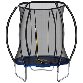 Trampoline enfant Ø 2,25 × 2,35H m filet de sécurité porte zipée couvre-ressorts 6 poteaux rembourrés incurvés bleu 1