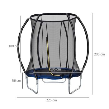 Trampoline enfant Ø 2,25 × 2,35H m filet de sécurité porte zipée couvre-ressorts 6 poteaux rembourrés incurvés bleu 3