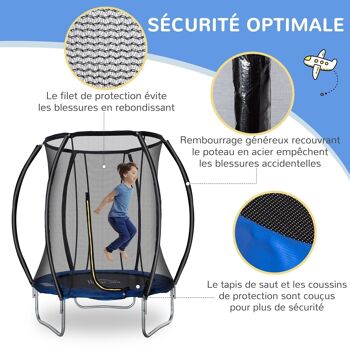 Trampoline enfant Ø 2,25 × 2,35H m filet de sécurité porte zipée couvre-ressorts 6 poteaux rembourrés incurvés bleu 4