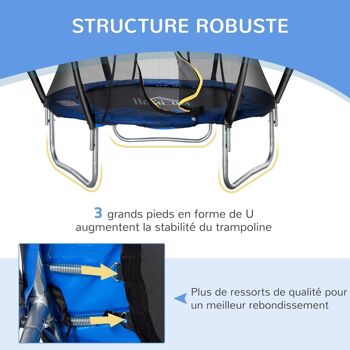 Trampoline enfant Ø 2,25 × 2,35H m filet de sécurité porte zipée couvre-ressorts 6 poteaux rembourrés incurvés bleu 5