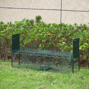 Piège de capture pour petits animaux type lapin rat - 2 entrées + poignée - dim. 100L x 25l x 28H cm - métal vert 2