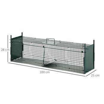 Piège de capture pour petits animaux type lapin rat - 2 entrées + poignée - dim. 100L x 25l x 28H cm - métal vert 3