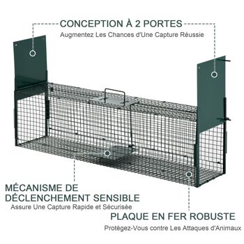 Piège de capture pour petits animaux type lapin rat - 2 entrées + poignée - dim. 100L x 25l x 28H cm - métal vert 4