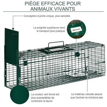 Piège de capture pour petits animaux type lapin rat - entrée, poignée - dim. 60L x 18l x 20H cm - métal vert 4