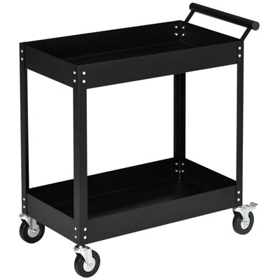 Steel workshop trolley 2 shelves on wheels with handle - max. 150 kg - 84.5 x 38 x 84 cm black