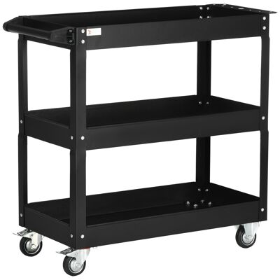 Steel workshop trolley 3 shelves on wheels with handle - max. 150 kg - 78.8 x 35.3 x 72 cm black