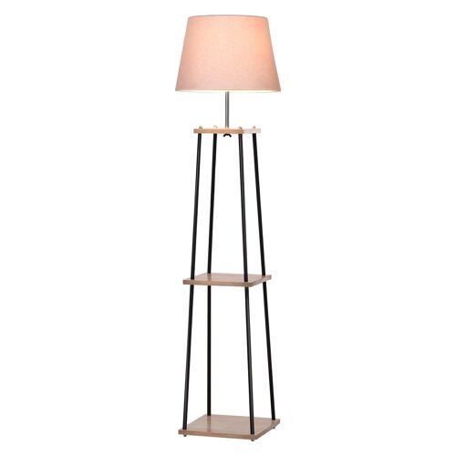 Lampadaire design contemporain dim. 40L x 40l x 160H cm 40 W max. 3 étagères intégrées bois massif caoutchouc métal noir lin beige