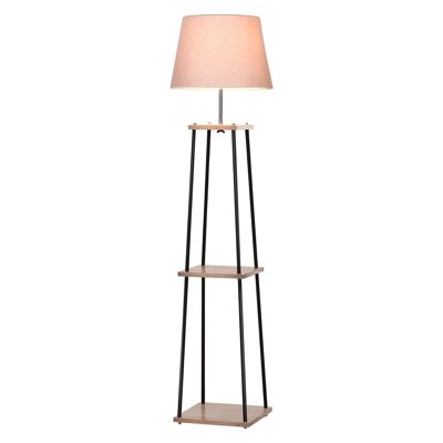 Contemporary design floor lamp dim. 40L x 40W x 160H cm 40 W max. 3 built-in shelves solid wood rubber metal black linen beige