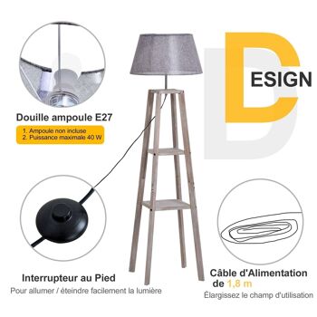 Lampadaire design contemporain 2 étagères intégrées 60 W max. dim. 53L x 53l x 148H cm pin lin gris 5