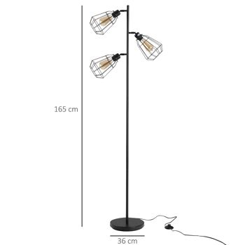 Lampadaire design industriel 3 ampoules max. 40 W abat-jour cage métal noir 3