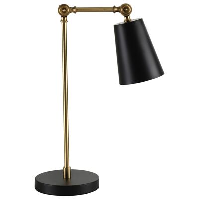 Lampe de table style néo-rétro - lampe de bureau - douille E27 40W max. - pied corps articulé métal doré, abat-jour conique noir