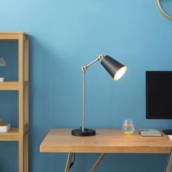 Lampe de table style néo-rétro - lampe de bureau - douille E27 40W max. - pied corps articulé métal doré, abat-jour conique noir 2