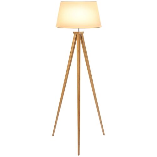 Lampadaire trépied design scandinave dim. 59L x 59l x 152H cm 40 W max. piètement bambou effilé abat-jour toile aspect lin beige