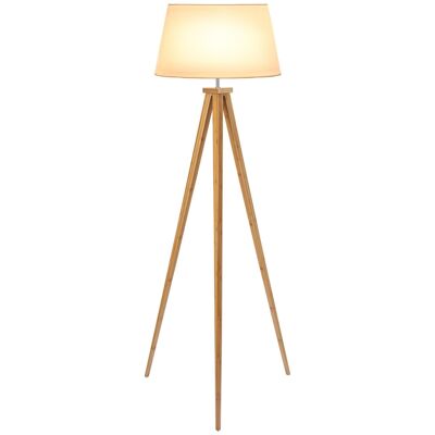 Lampada da terra treppiede design scandinavo dim.59L x 59L x 152H cm 40 W max. paralume a base di bambù affusolato in tela simil lino beige
