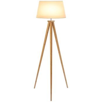 Lampadaire trépied design scandinave dim. 59L x 59l x 152H cm 40 W max. piètement bambou effilé abat-jour toile aspect lin beige 1