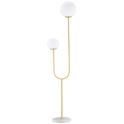 Gold metal floor lamp with 2 white frosted glass globe shades - 25W - 33 x 25 x 155.5 cm