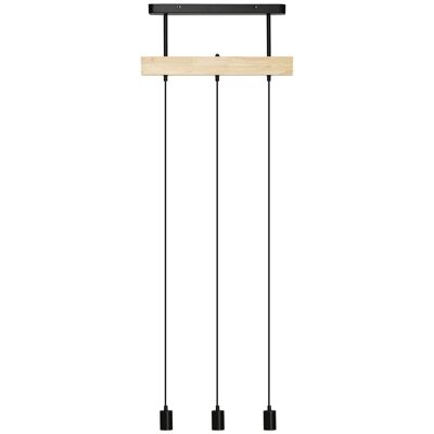 Industrial style pendant chandelier 3 bulbs 40 W max. adjustable height dim. 50L x 8W x 33H cm black metal rubber wood