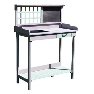 Multi-equipped gardening potting table drawer, shelf, sink dim. 92L x 43W x 120H cm solid pine wood pre-oiled gray mint green