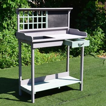Table de rempotage jardinage multi-équipée tiroir, étagère, évier dim. 92L x 43l x 120H cm bois massif pin pré-huilé gris vert menthe 4