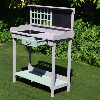 Table de rempotage jardinage multi-équipée tiroir, étagère, évier dim. 92L x 43l x 120H cm bois massif pin pré-huilé gris vert menthe 5