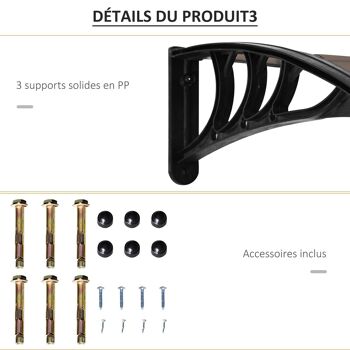 Auvent marquise de porte design voûté arrondi dim. 195L x 80l x 23H cm polycarbonate fumé brun plastique noir 5