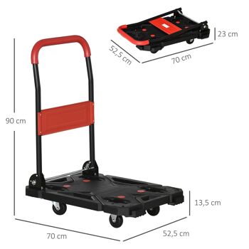 Chariot de manutention transport pliable - charge max. reco. 150 Kg - 4 roues - poignée moussée - acier PP rouge noir 3