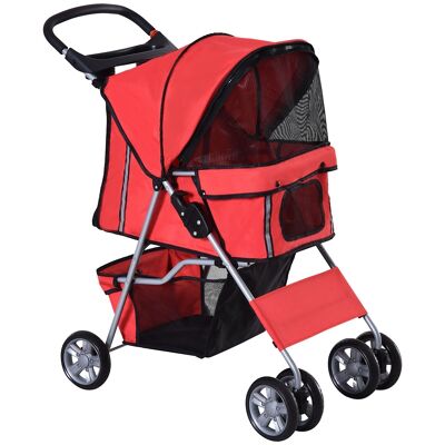 Foldable Buggy Stroller Pets Folding Trolley Dog Cat Cup Holder Storage Basket Included Wheels With Brake 600D Oxford Fabric Metal Red