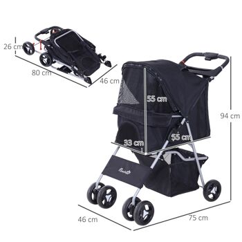 Poussette buggy pour chiens 75L x 46l x 94H cm pliable imperméable tissu 600D Oxford 4 roues 3