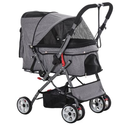 Foldable buggy stroller dog cat basket and storage bag safety fasteners adjustable cover reversible handle Oxford steel gray heather black